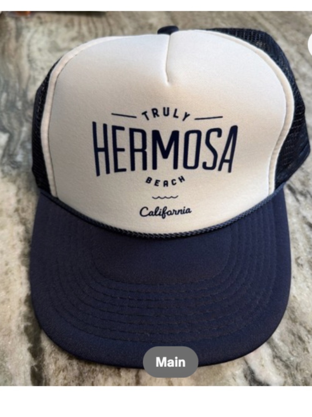 “Truly Hermosa Beach, California”OTTO Trucker Hat Dark Blue/White color. Mesh